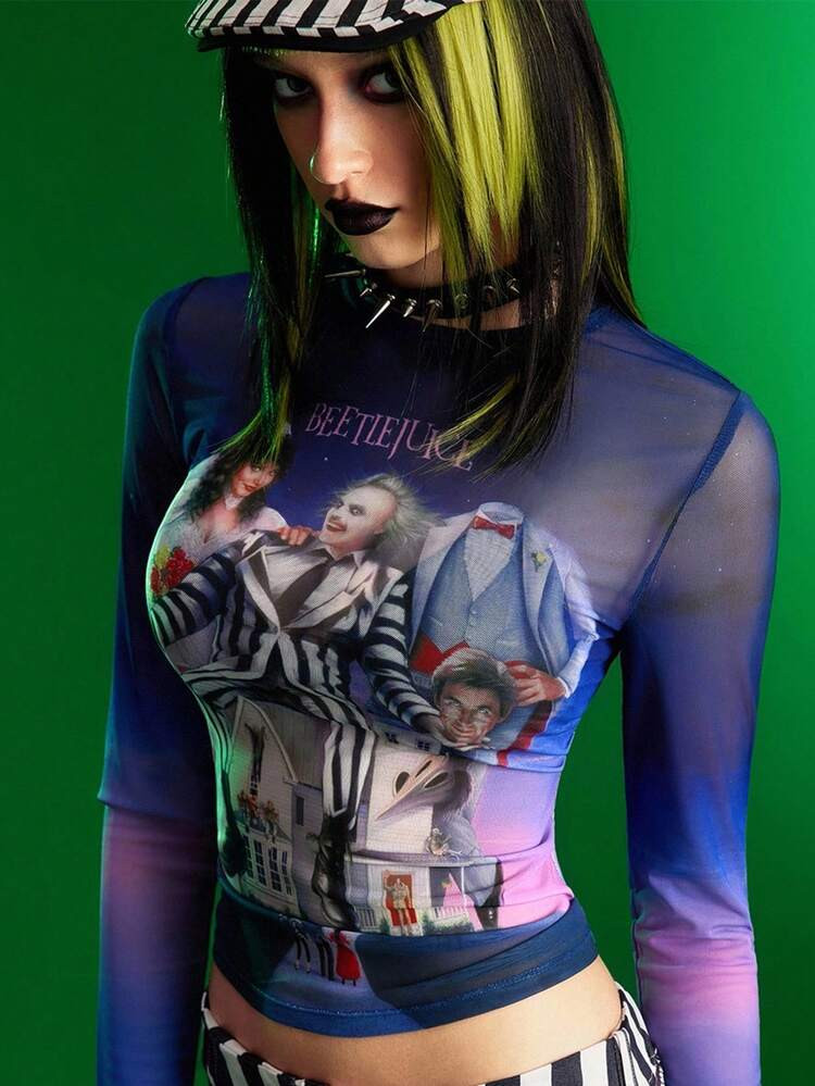 Beetlejuice X SHEIN Women's Street Figure Graphic Slim Fitted Mesh Top | SHEIN