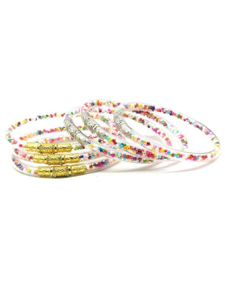 3Pcs/Set Colored Millet Beads Jelly Bangles Bracelets For Women Glitter Filled Pearl Clear Silico... | SHEIN