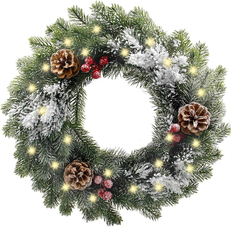 Lighted Christmas Wreath with 20 LED Lights Decorated with Realistic Snowflakes Red Berries Pinec... | Amazon (US)
