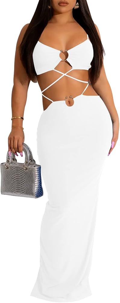 Women's Sexy 2 PCS Lace Up Crop Tops Bodycon Long Skirts Cocktail Party Dress Outfits Set | Amazon (US)