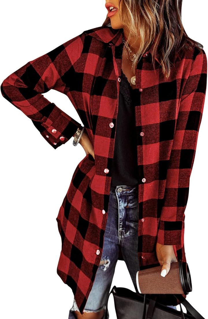 Zeagoo Flannel for Women 2023 Fall Fashion Long Sleeve Plaid Button Down Shirts Shacket Blouse To... | Amazon (US)