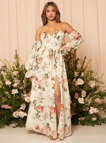 SHEIN Belle Floral Print Off Shoulder Flounce Sleeve Split Thigh Bridesmaid Dress SKU: sn22103164... | SHEIN