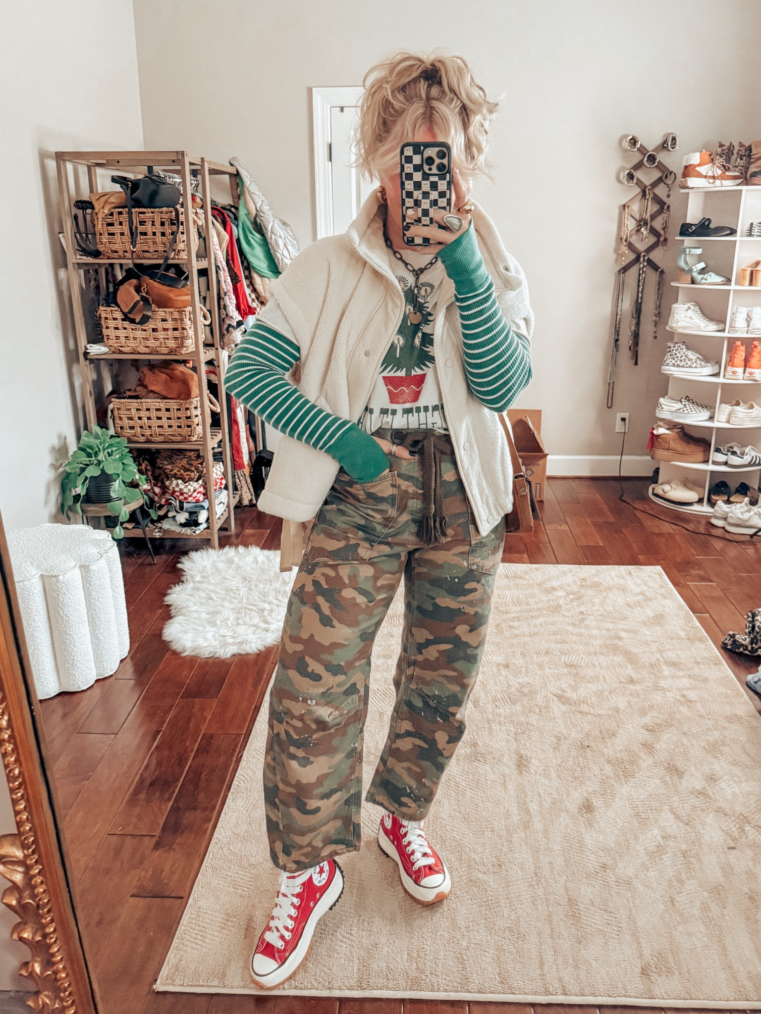 The cutest graphic tee in the mens sections at Target 🎯 but the big graphic is on the so I turned it around and added a vest. So cute! 
Tee - mens L
Striped waffle knit - M
Vest - M
Camo jeans - true to size 
Converse - sized down 
✨Necklace save with code MANDIE15 


#LTKStyleTip #LTKOver40 #LTKHoliday