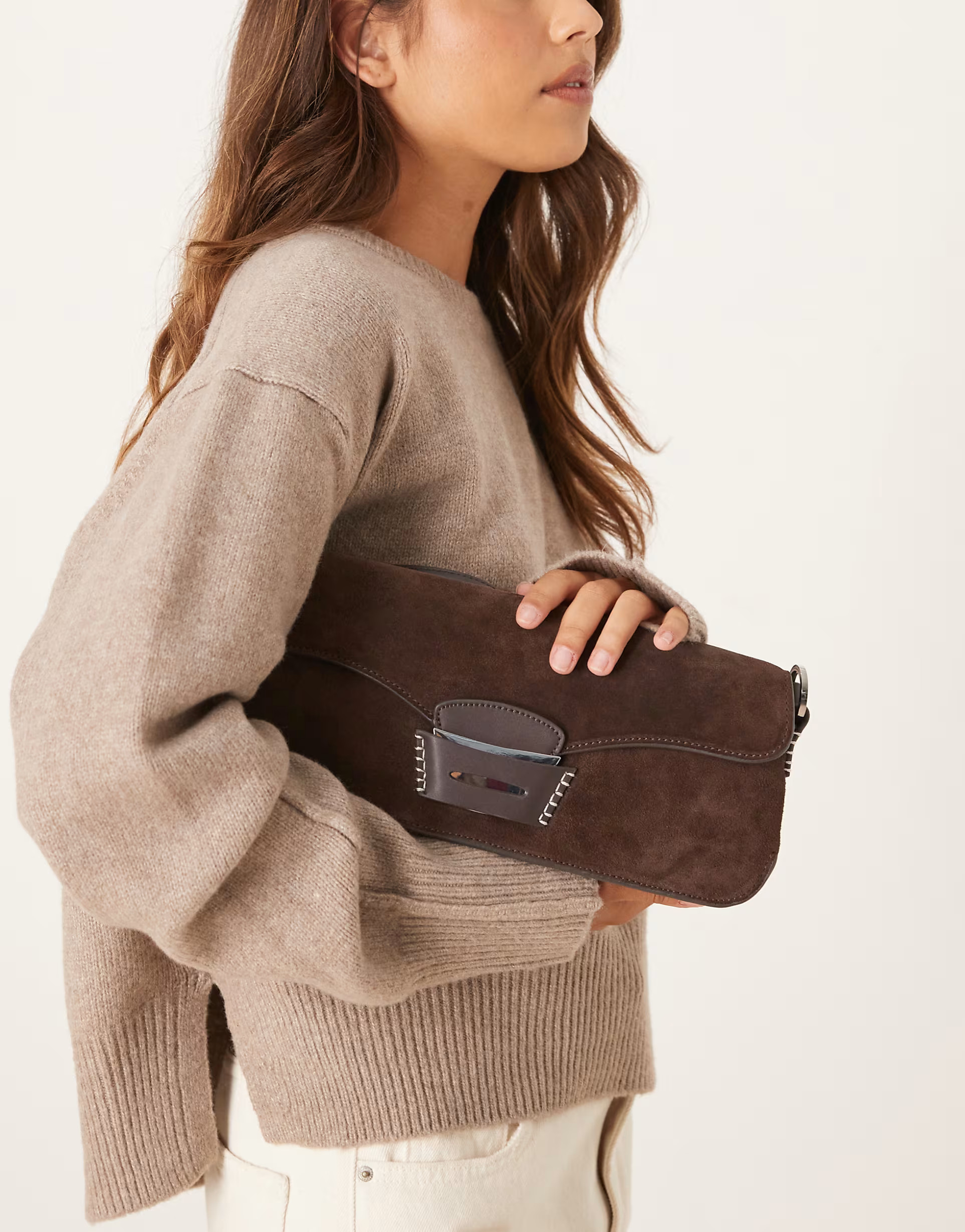 Mango leather contrast stitch shoulder bag in dark brown | ASOS (Global)