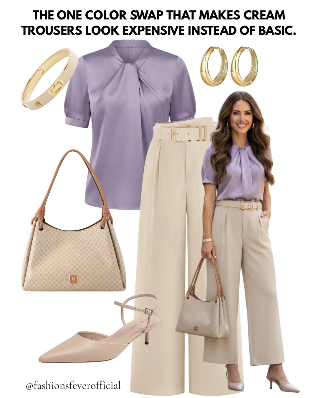 Business Casual Workwear! The one color swap that makes cream trousers look expensive instead of basic.

It’s not the trousers. It’s not the shoes. It’s the top.

Swap out white or black for a soft lavender satin, and suddenly the whole outfit reads different — softer, more considered, more “quiet luxury” than “ready for a meeting.”

Here’s why it works: cream and black together read flat. Cream and white read safe. But cream and lavender create just enough contrast to catch the eye, while staying soft enough to feel elevated instead of loud.

Add a twist-neck detail for texture, a belted waist to define the silhouette, and warm gold hardware to tie it all together — and three basic pieces suddenly look like a full outfit formula.

This is the kind of styling shift that separates “put together” from “put together on purpose.”

Save this for your next office ’fit. 🤍

#businesscasual #officeoutfit #workwearstyle #capsulewardrobe #elevatedcasual #ootdstyle #stylingtips #neutraloutfits #quietluxury #americanstyle #workwearfashion #outfitinspo #minimalstyle #chicoutfits #fashionblogger

#LTKsummer #LTKstyletip

#LTKWorkwear