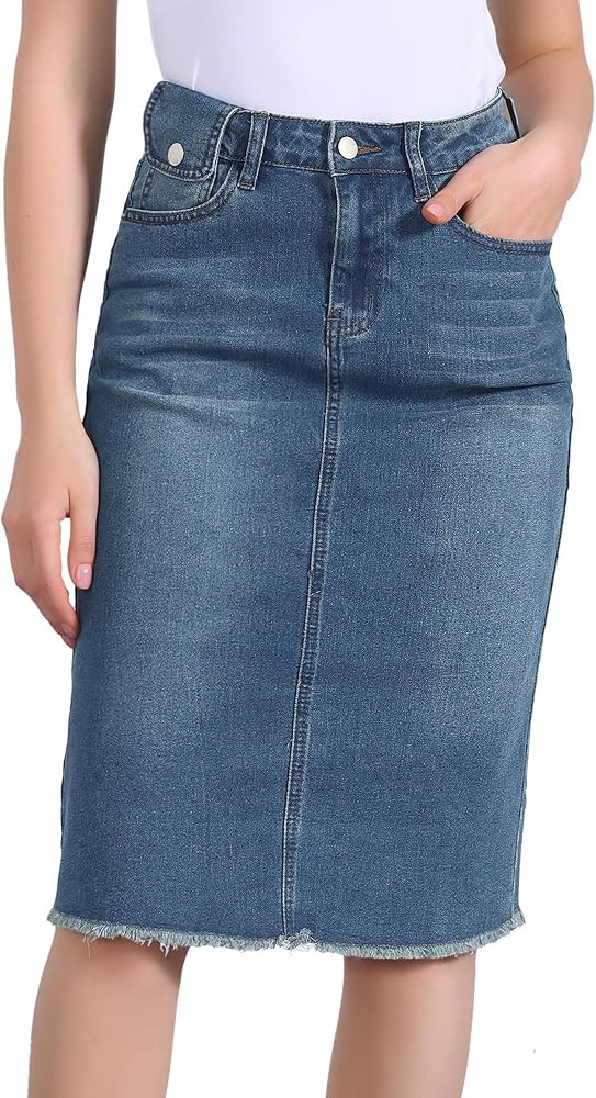 Allegra K Women's Casual Jean Skirt Back Slit Raw Hem Stretch High Waist Denim Skirts | Amazon (US)