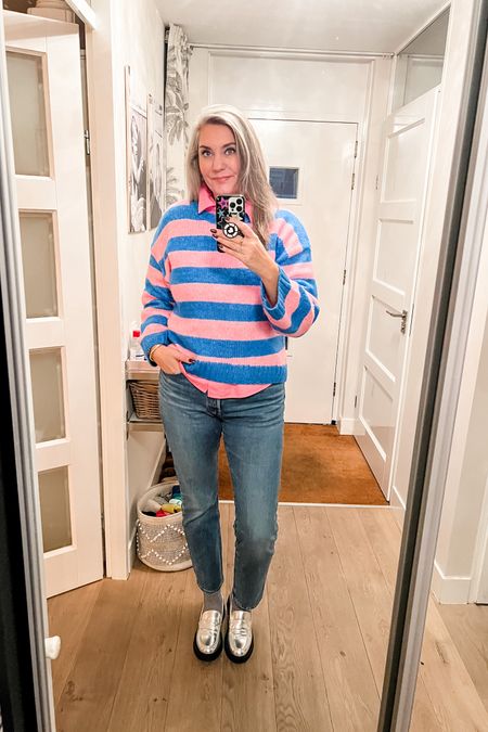 Ootd - Wednesday. On Wednesdays we wear (a little bit of) pink. Pink and blue striped sweater over a pink buttondown shirt. Levi’s 501 jeans, silver socks and loafers. 



#LTKstyletip #LTKmidsize #LTKover40