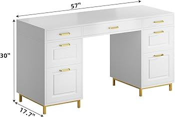 White and Gold Desk with 2 File Drawers, 57 Inch Office Computer Desk with 7 Drawers, White Desk ... | Amazon (US)