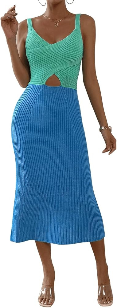 MakeMeChic Women's Colorblock Cut Out Sleeveless Knitted Bodycon Sweater Tank Maxi Dress | Amazon (US)