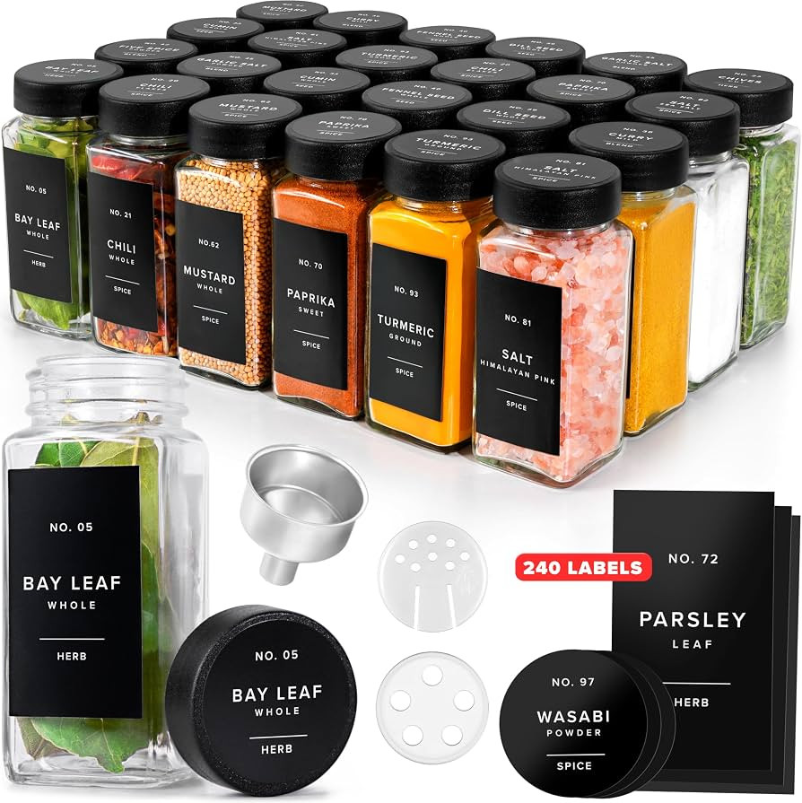 EDELHAUS Glass Spice Jars with Labels, 24x Matte Black Lids - 4oz Set | Amazon (US)