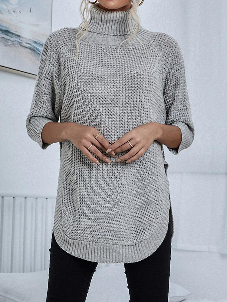Funnel Neck Waffle Knit Curved Hem Sweater | SHEIN
