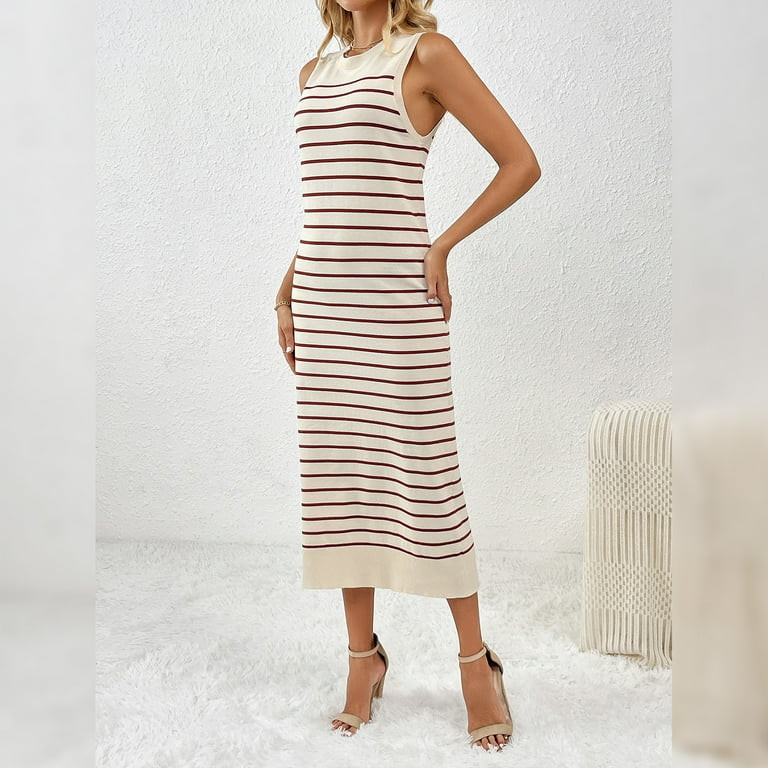 IDOPIP Women's 2025 Summer Sleeveless Striped Bodycon Midi Dress Crew Neck Slim Ribbed Knit Dress... | Walmart (US)