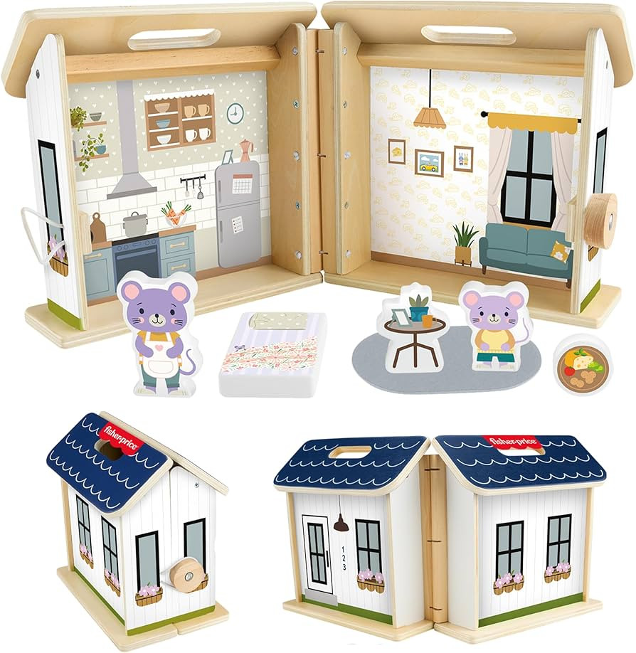 Fisher-Price Wood Pretend Play Toy Dollhouse, 6-Piece Wooden House Playset for Travel Preschool K... | Amazon (US)