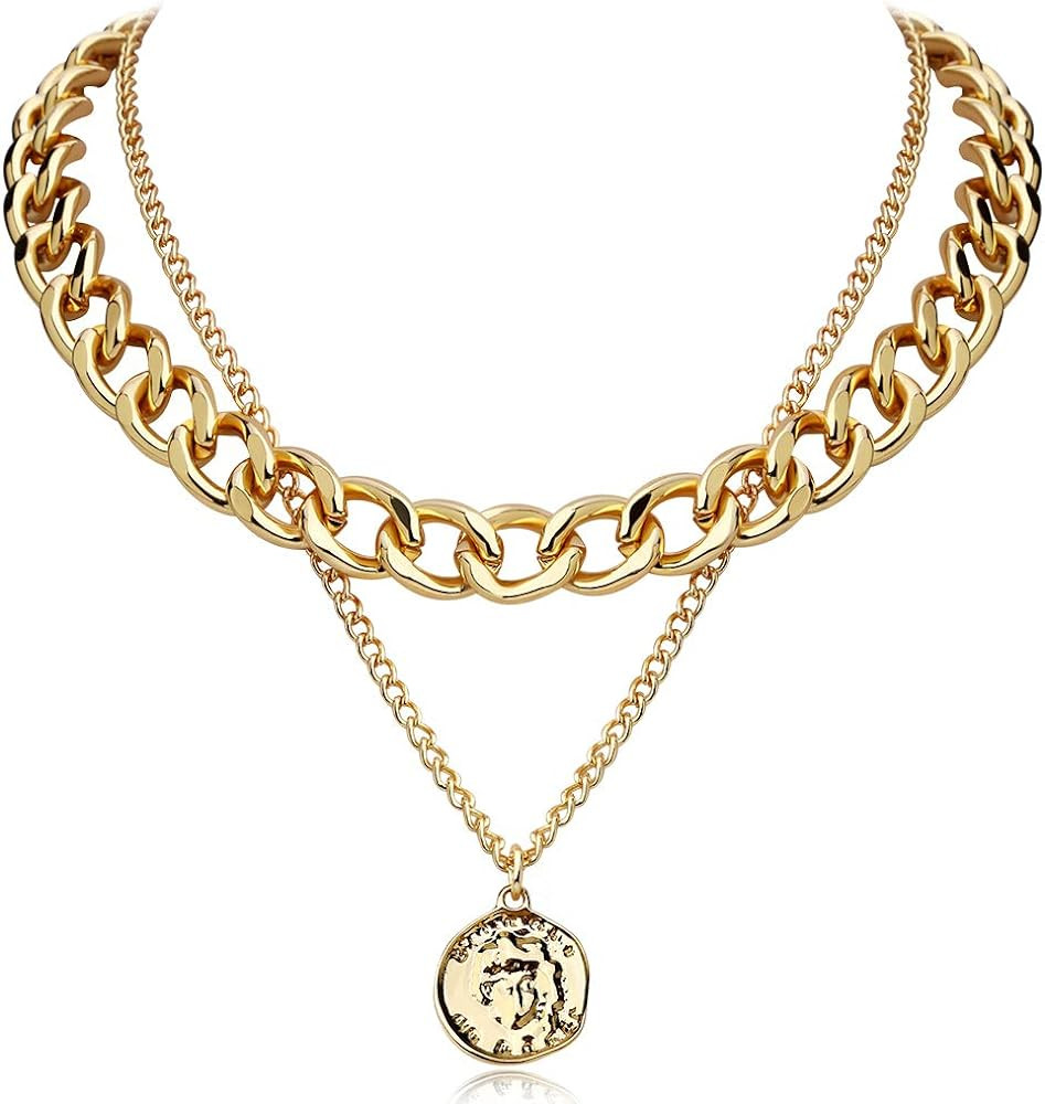 FAMARINE Gold Choker Layered Necklace for Women, Fashion Geometric Pendant 2 Layered Necklaces for T | Amazon (US)