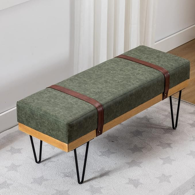 HEAH-YO Modern Bench Set of 1, 44" Width Dining Bench with PU Leather Strap and Metal Legs, PU Fa... | Amazon (US)