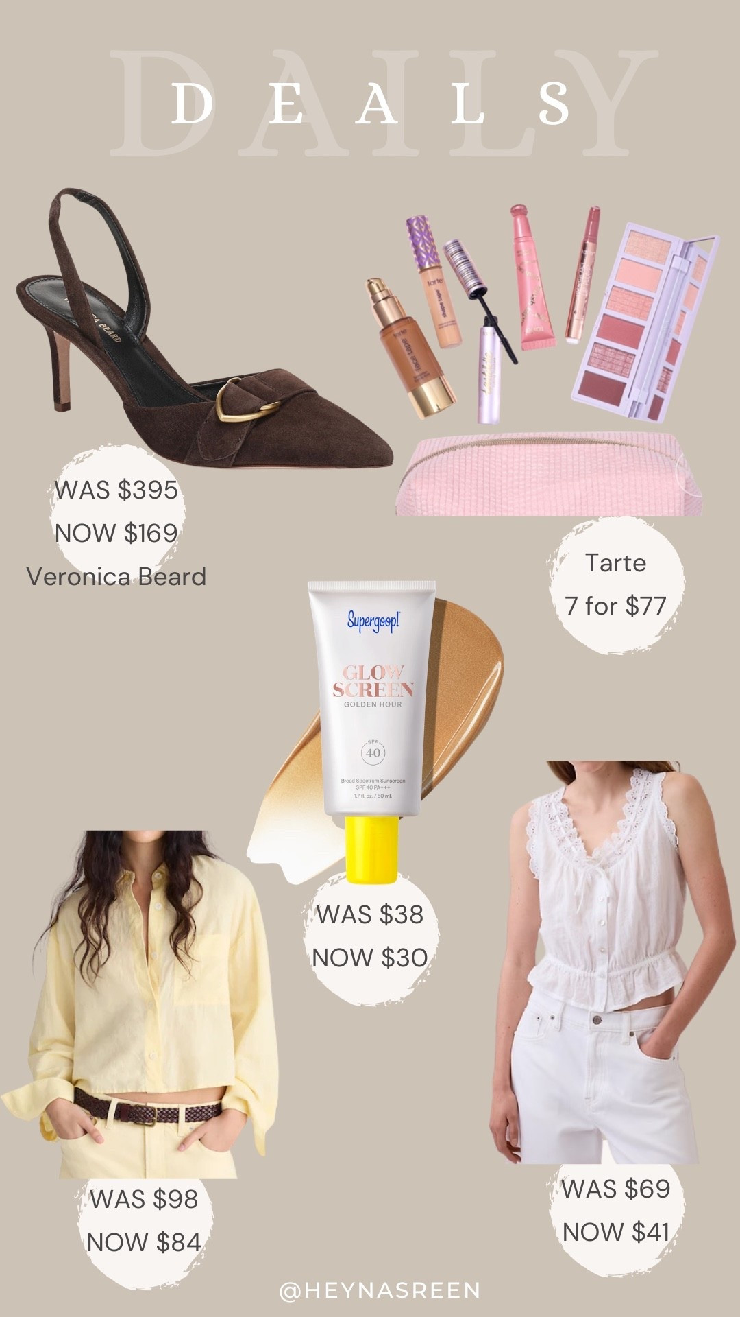 Daily deals on Veronica Beard heels, Tarte 7 for $77, Supergoop glowscreen, Gap top, Madewell linen shirt