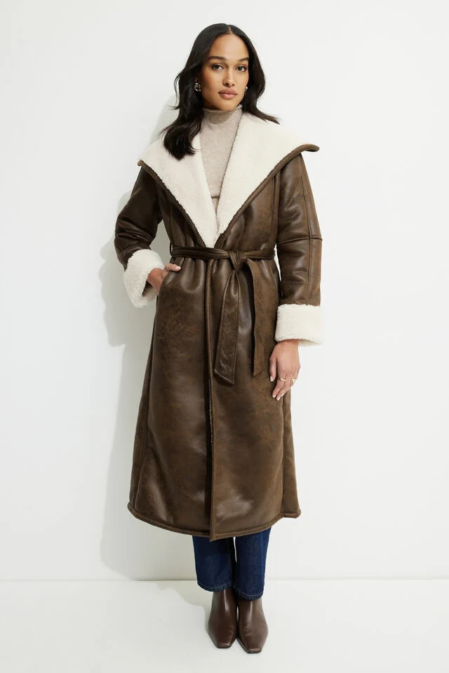 Sherpa Faux Leather Wrap Coat | Dynamite Clothing