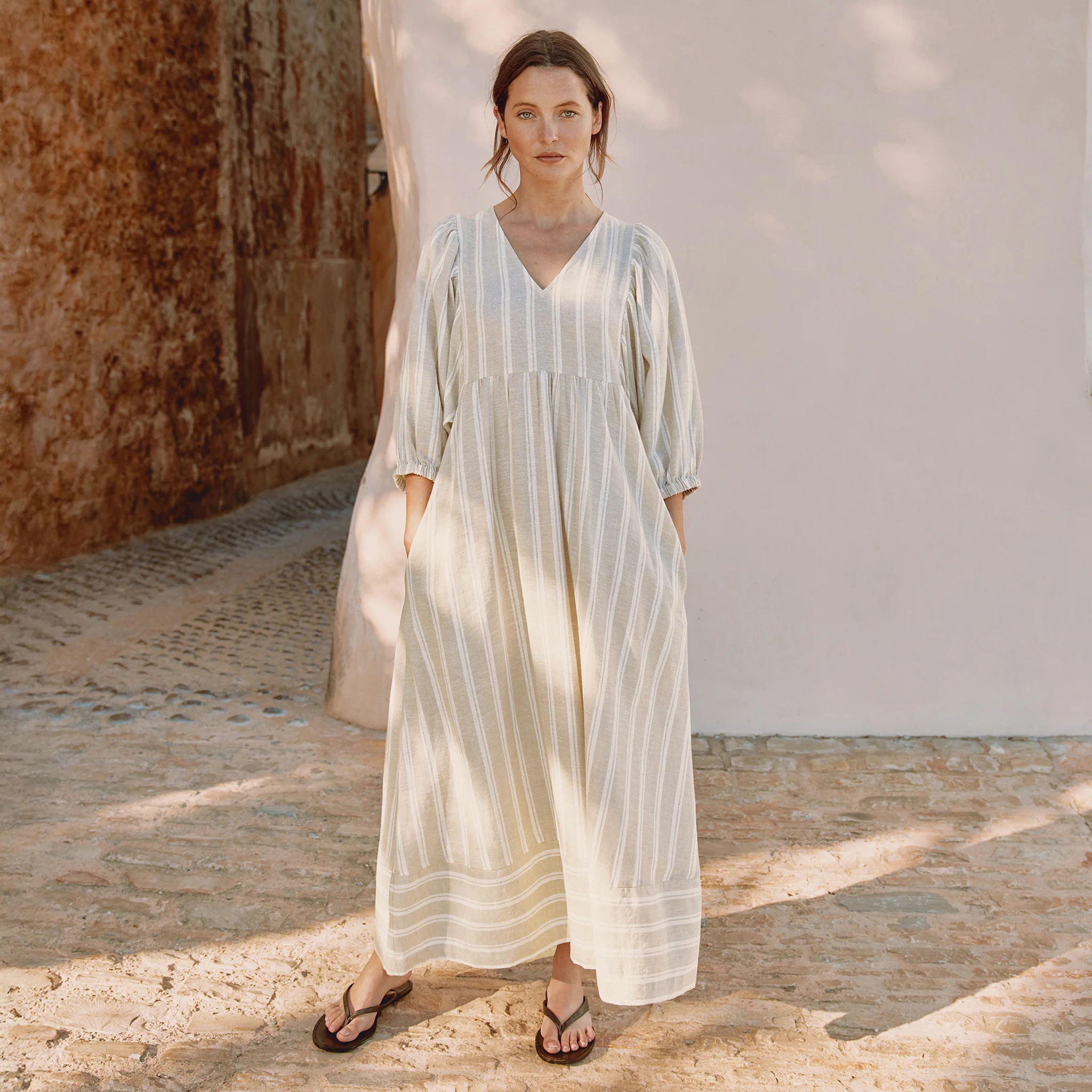 Linen Blend Stripe V Neck Dress | Albaray