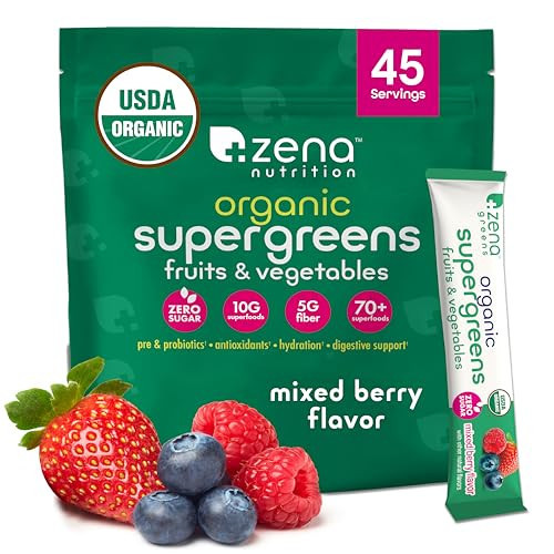 Zena Nutrition Organic Super Greens Powder, 70+ Superfoods, 0 Sugar, 5G Fiber, Spirulina, Chlorella, Antioxidants, Prebiotics/Probiotics, Digestive Enzymes, Mixed Berry, 45 Drink Mix Packets | Amazon (US)
