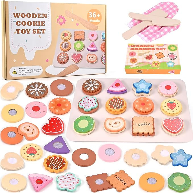 Wooden Cookies Play Set, Slice and Bake Wooden Cookie Play Food Set with Gift Boxes, Wooden Play ... | Amazon (US)