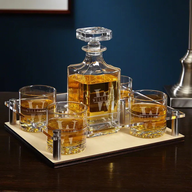 Custom Presentation Set with Crystal Decanter & Buckman Glasses - Bar Serving Tray & Display Set | HomeWetBar.com