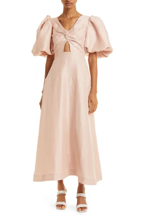 Aje Dusk Knot Cutout Puff Sleeve Linen Blend Midi Dress in Blush at Nordstrom, Size 2 Us | Nordstrom