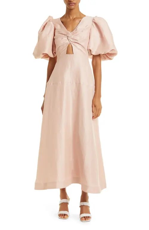 Aje Dusk Knot Cutout Puff Sleeve Linen Blend Midi Dress in Blush at Nordstrom, Size 2 Us | Nordstrom