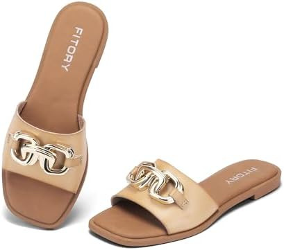 FITORY Women's Flat Sandals Fashion Slides With Soft Leather Slippers for Summer Size 6-11 | Amazon (US)