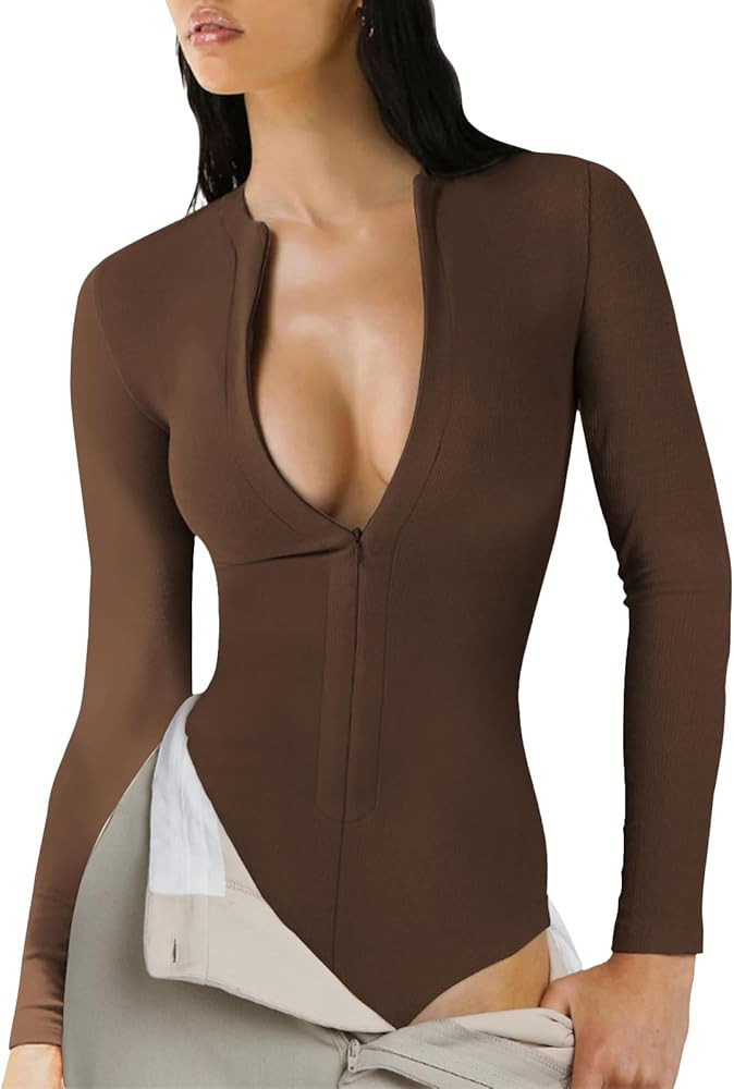 CAIYING Bodysuits for Women Sexy Deep V Neck Zip Up Bodysuit Ribbed Long Sleeve One Piece Bodysui... | Amazon (CA)