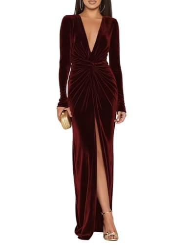 LTW Burgundy Winter Velvet Bridesmaid Dresses Long for Women Long Sleeves V Neck Formal Evening Gown with High Slit Size6 | Amazon (US)