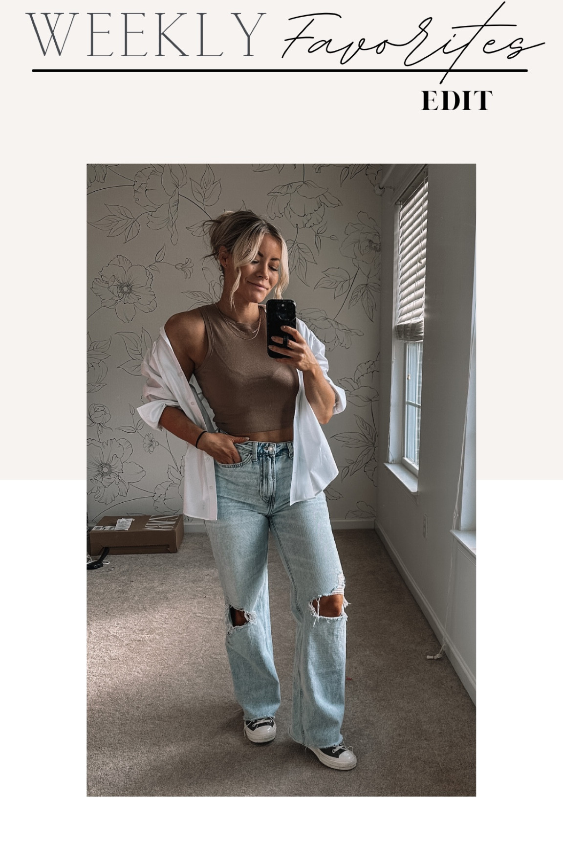 White button up shirt, tan tank top, gold layered chain necklace, light wash ripped straight leg jeans, converse sneakers 

#LTKfit #LTKU #LTKFind