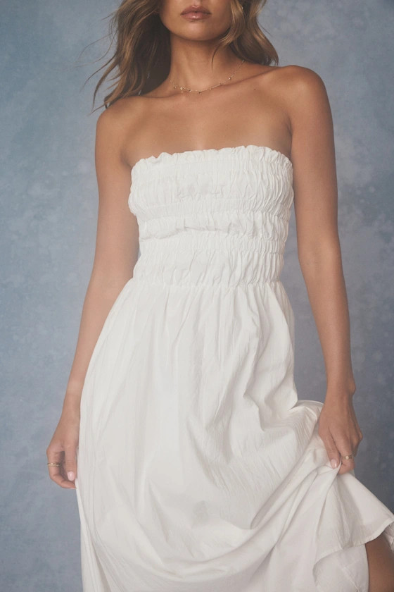 Ania White Strapless Smocked Midi Dress | Lulus