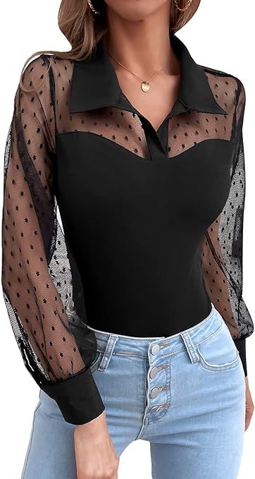 WDIRARA Women's Polka Dots Sheer Mesh Long Sleeve Collar Bodysuit Shirt | Amazon (US)