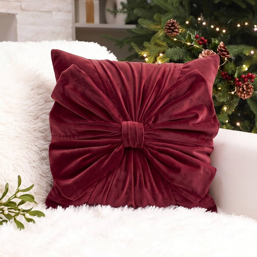 Thyle Burgundy Christmas Velvet Bow Pillow Large Red Throw Pillow 18" x 18" | Amazon (US)