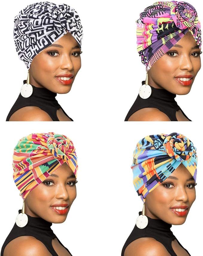 1Pack/2Packs/4Packs Women Turban African Pattern Knot Headwrap Beanie Pre-Tied Bonnet Chemo Cap H... | Amazon (US)