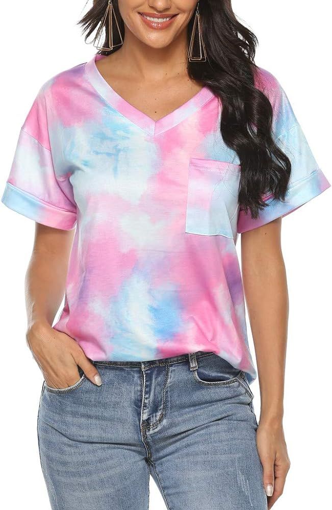 T Shirts for Women, Women Girls Summer Tie-Dye V Neck Tees Tie Dyed T-Shirt Casual Loose Blouse T... | Amazon (US)