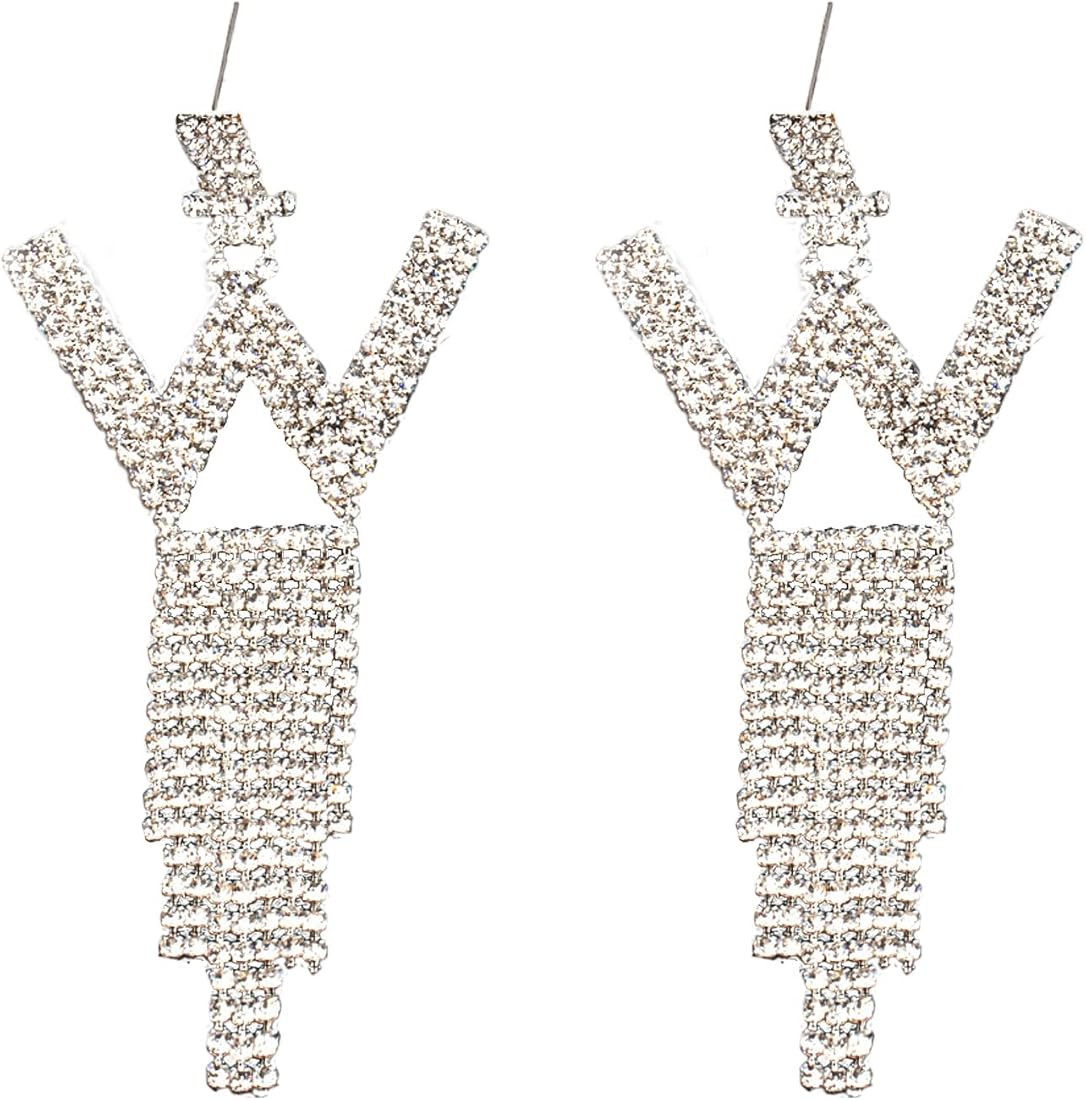 Initial Rhinestone Earrings Sparkle Alphabet Dangle Drop Earrings Clear Crystal Tassel Chandelier... | Amazon (US)