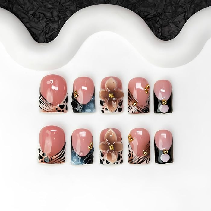 Flower Handmade Press on Nails 3D Luxury Brown Floral Design Leopard Print French Tip Fake Nails ... | Amazon (US)