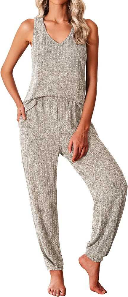 Ekouaer Women's Pajamas Sleeveless V Neck Pjs Lounge Sets Ribbed Knit 2 Piece Tank Pants Set Loun... | Amazon (US)