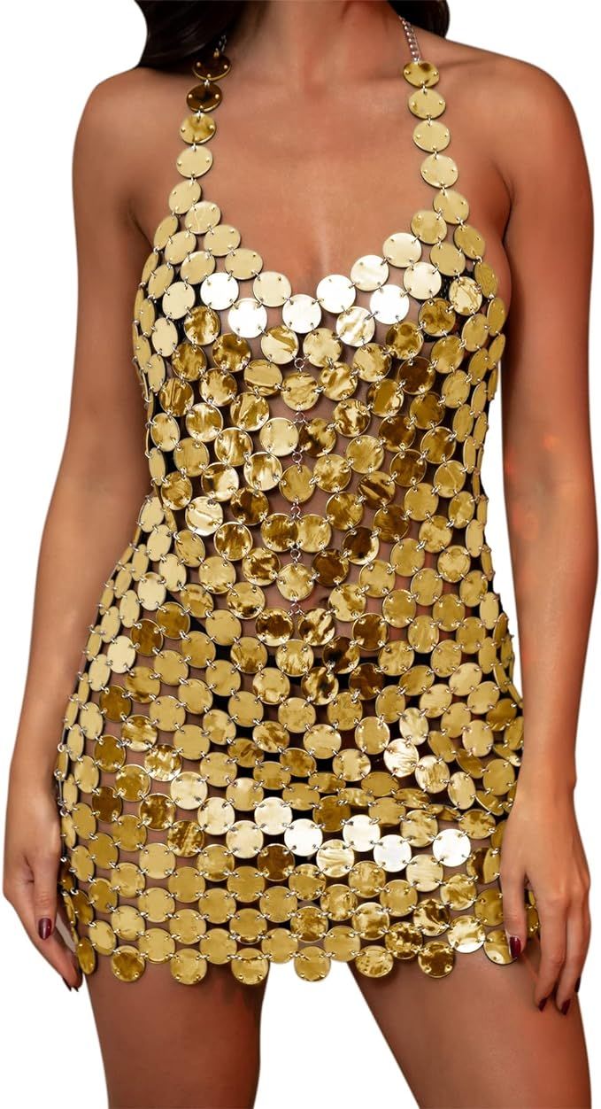 CCbodily Pu Sequins Dress Body Chain - Bling Rave Outfits Sexy Skirts Body Halter Backless Bikini... | Amazon (US)