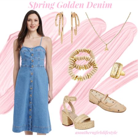 Fun Denim Outfit to go from Spring right through Summer! 

Denim Corset Spaghetti Strap Midi Dress, Gold Hoop Earrings, Initial Pendant Necklace, Set of 2 Wood & Gold Bracelets, Mesh Stone Embellished Flats or Raffia Ankle Strap Platform Sandals. 

Spring Outfit. 

#LTKstyletip #LTKshoecrush #LTKSeasonal