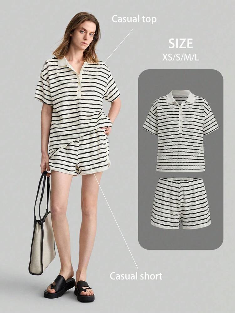 SHEIN X Scot Louie Ontre 2026 Spring/Summer New Women's 2-Piece Set, Striped Polo Collar Short Sl... | SHEIN