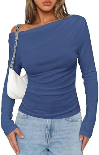 PRETTYGARDEN Womens Off The Shoulder Tops Long Sleeve Shirts | Going Out Tops, Ruched Slim Fit As... | Amazon (US)