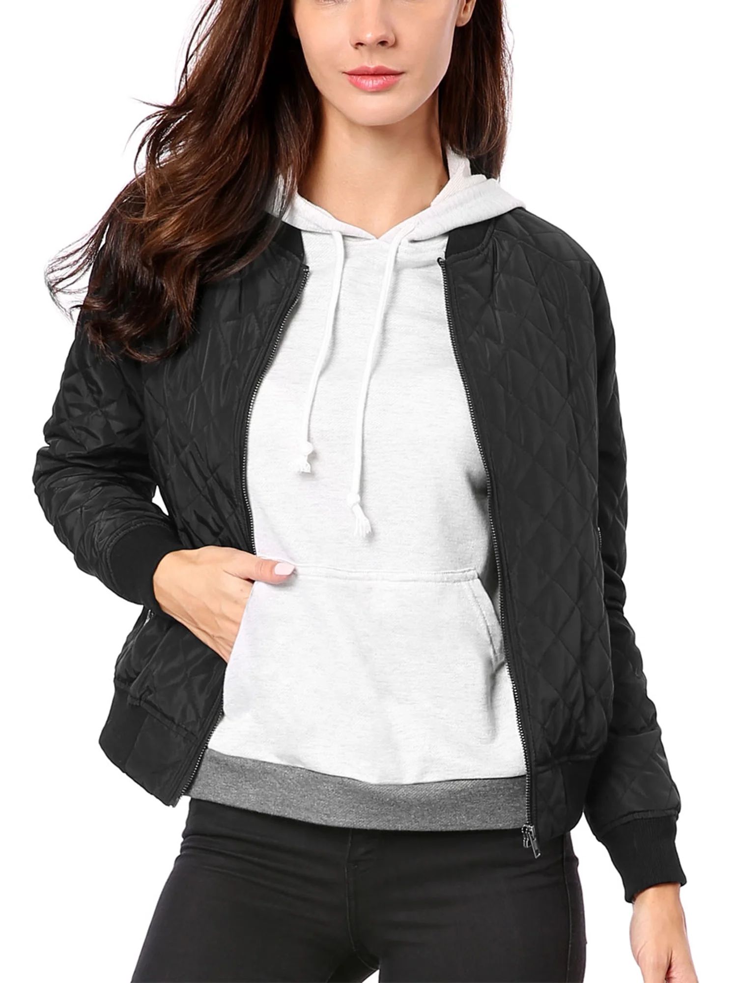 Allegra K Women's Stand Collar Zip Up Raglan Sleeves Bomber Quilted Jacket | Walmart (US)