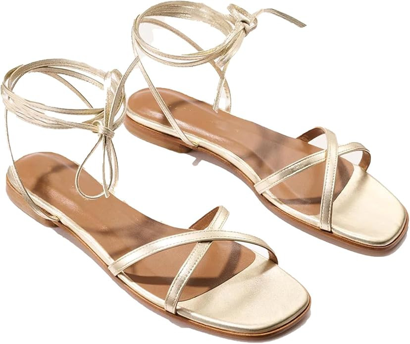 Strappy Flats Sandals for Women Summer Gladiator Lace Up Flat Sandals Open Square Toe Casual Beac... | Amazon (US)