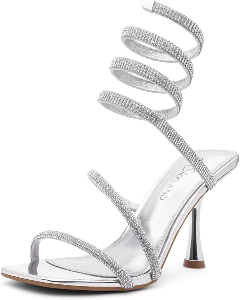 Shoe Land Womens Charming2 Womens Rhinestone Heeled Sandals Spiral Ankle Wrap Strap High Heel Par... | Amazon (US)