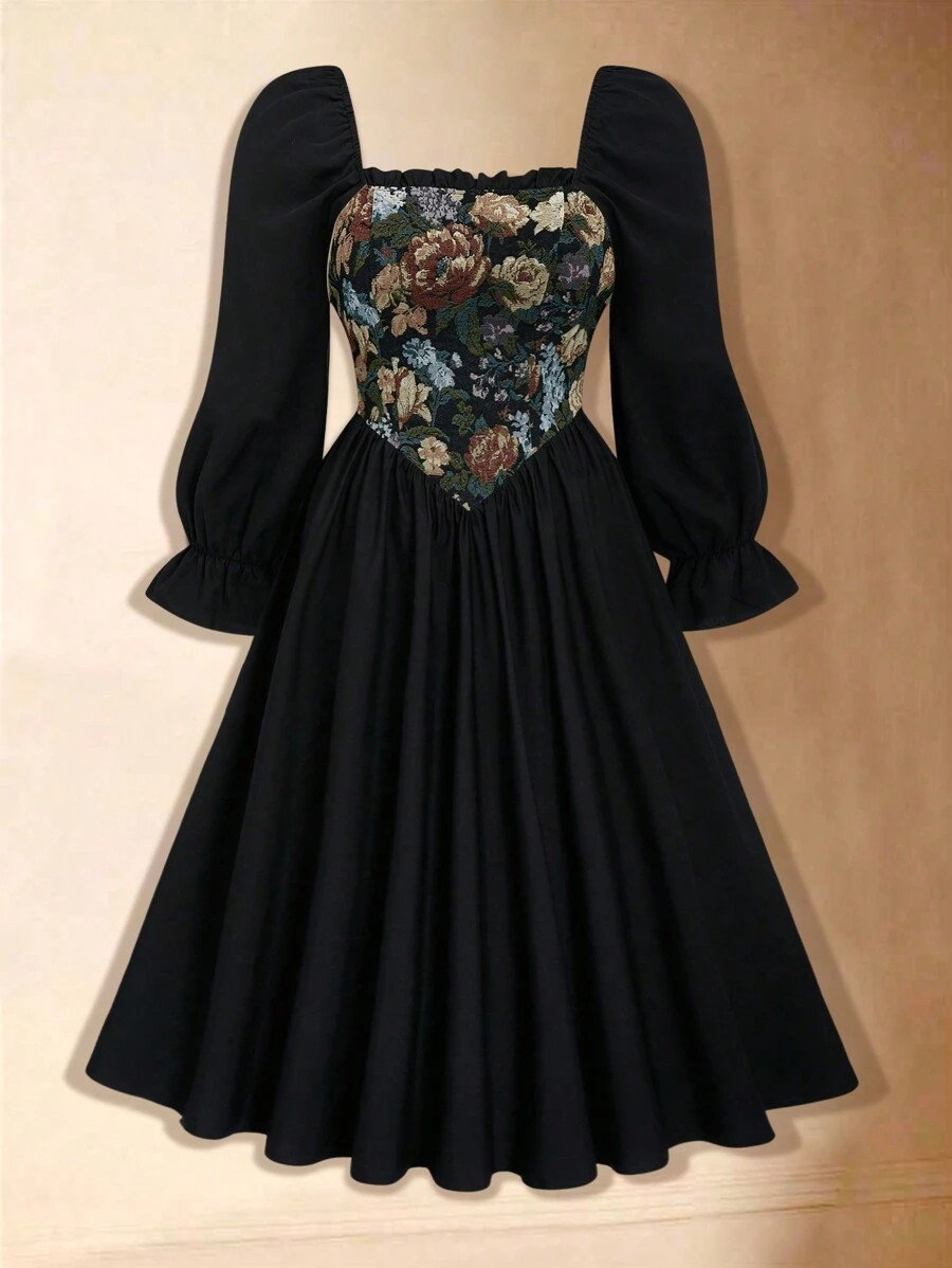 Sweetra Plus Size Palace Style Jacquard Patchwork Long Sleeve Dress | SHEIN