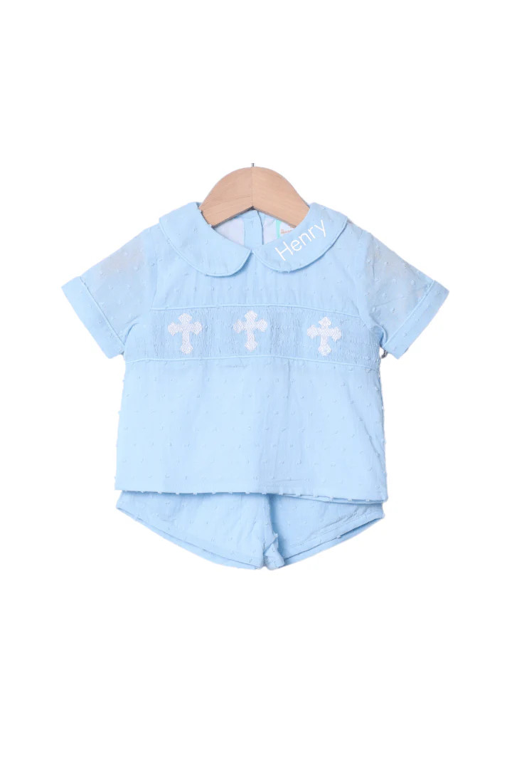Smocked Cross Blue Swiss Dot Short Set | The Smocked Flamingo