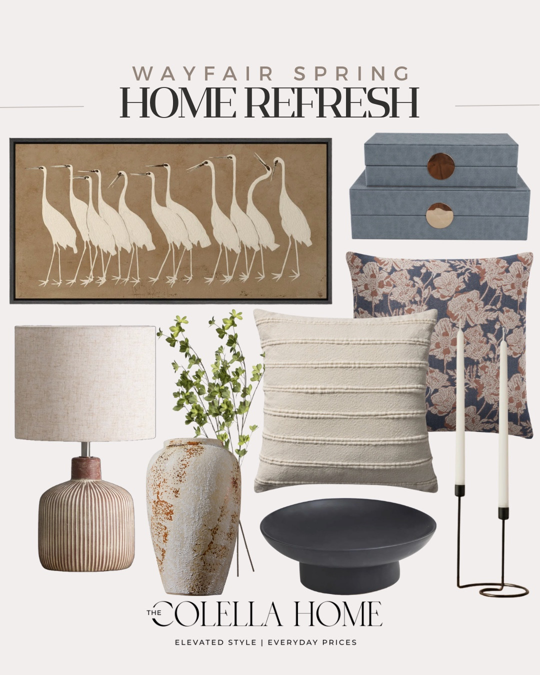 Spring home refresh includes wall art, decorative boxes, candle stick holders, decorative pillows, decorative bowl, vase, greenery stems, table lamp.

Home decor, spring home decor, spring home 
#ad
#Wayfair #WayfairPartner@wayfair

#LTKSeasonal #LTKSaleAlert #LTKHome