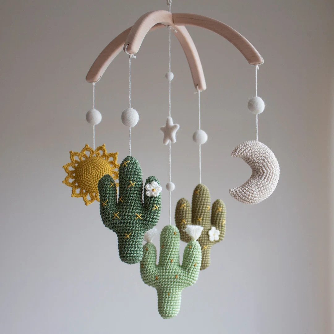 Cactuses nursery mobile with Sun and Moon - neutral baby mobile in greens, mustard, beige, olive ... | Etsy (US)